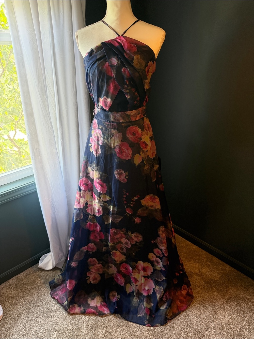 Lulu's Navy Prom Gown with Pink Floral Print